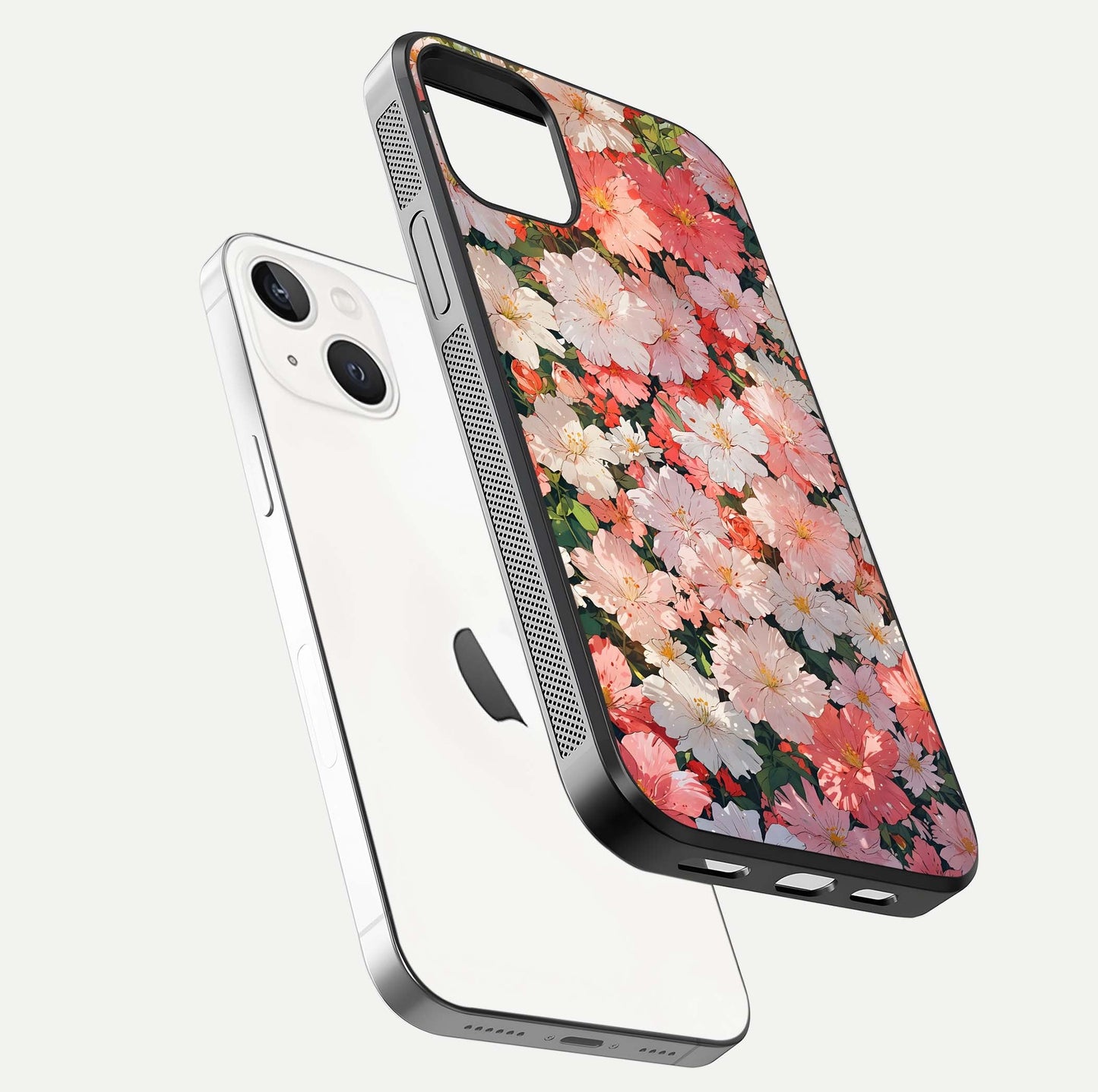 Blush Bloom Field Glass Case for iPhone 16 Pro floating mockup highlighting floral spread and edge reflection