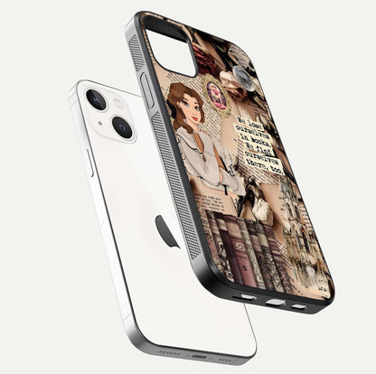 Bookish Dream World Glass Case for iPhone 14 floating mockup capturing gloss shine and artistic balance