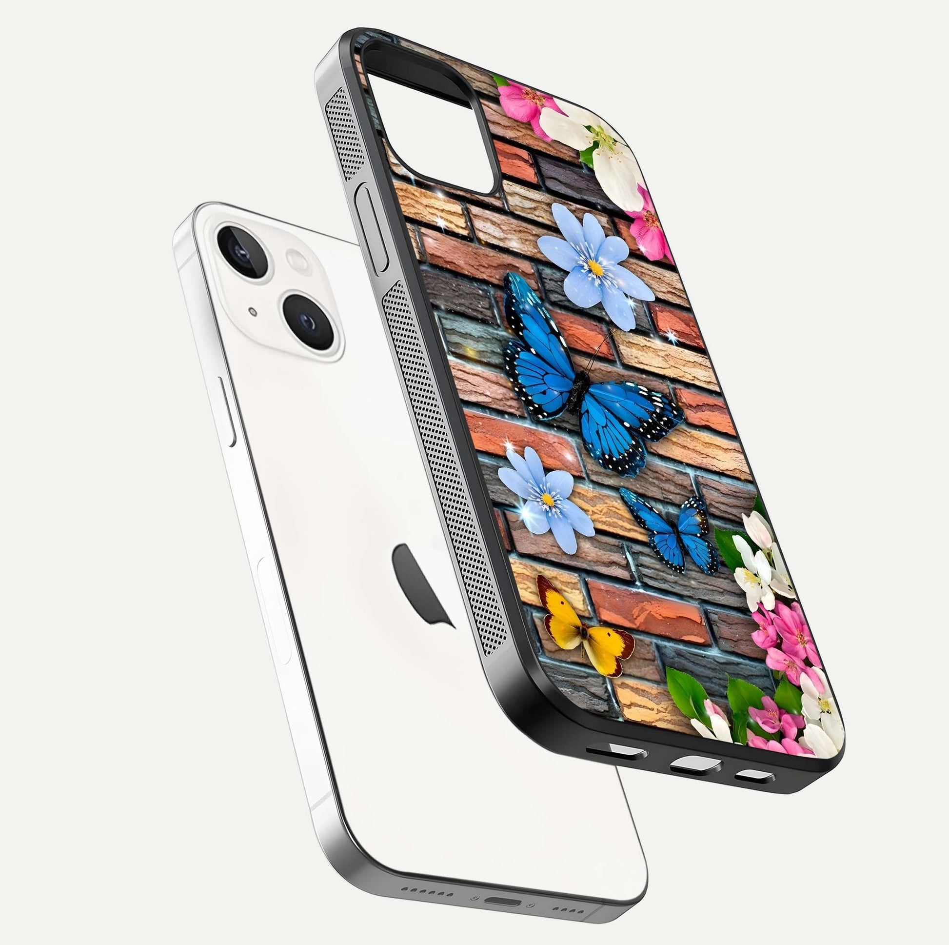 Brick Bloom Flight Glass Case for iPhone 14 floating mockup displaying gloss reflection and pattern vibrancy