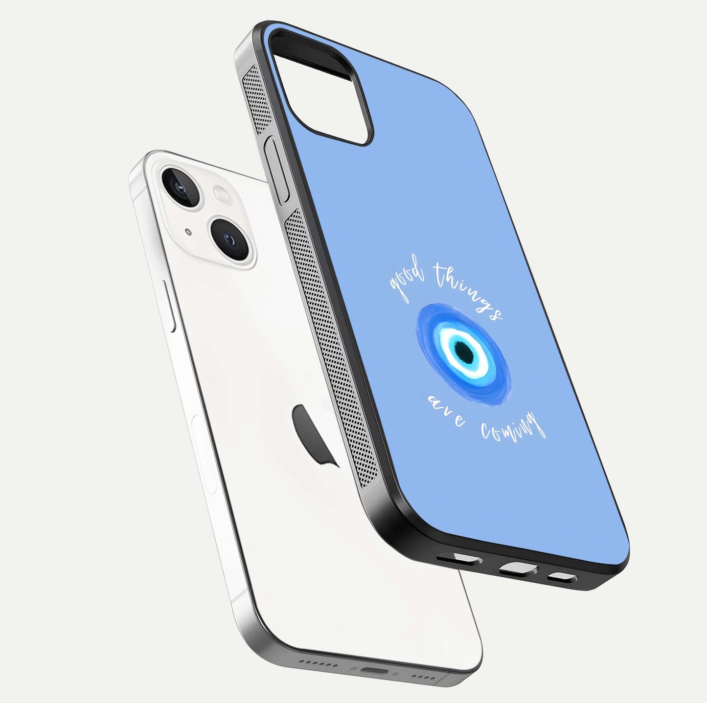 Bright Future Ahead Glass Case for iPhone 14 floating mockup showing sleek design and positive quote print