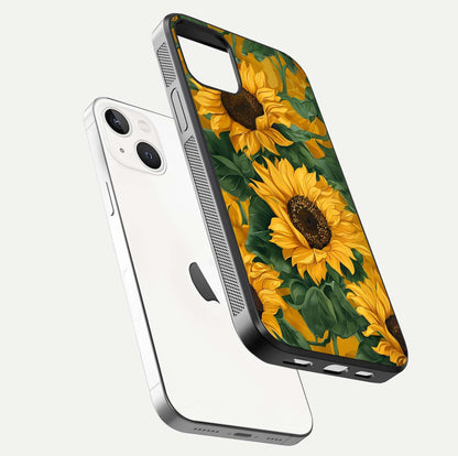 Bright Sunflower Bloom Glass Case for iPhone 14 floating mockup capturing vibrant tones and gloss surface