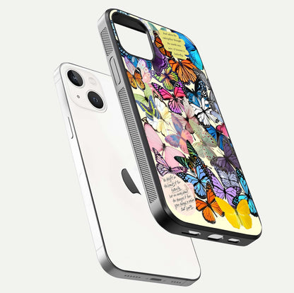 Butterflies Petal Dream Glass Case for iPhone 14 floating mockup displaying detailed print and premium glass glow