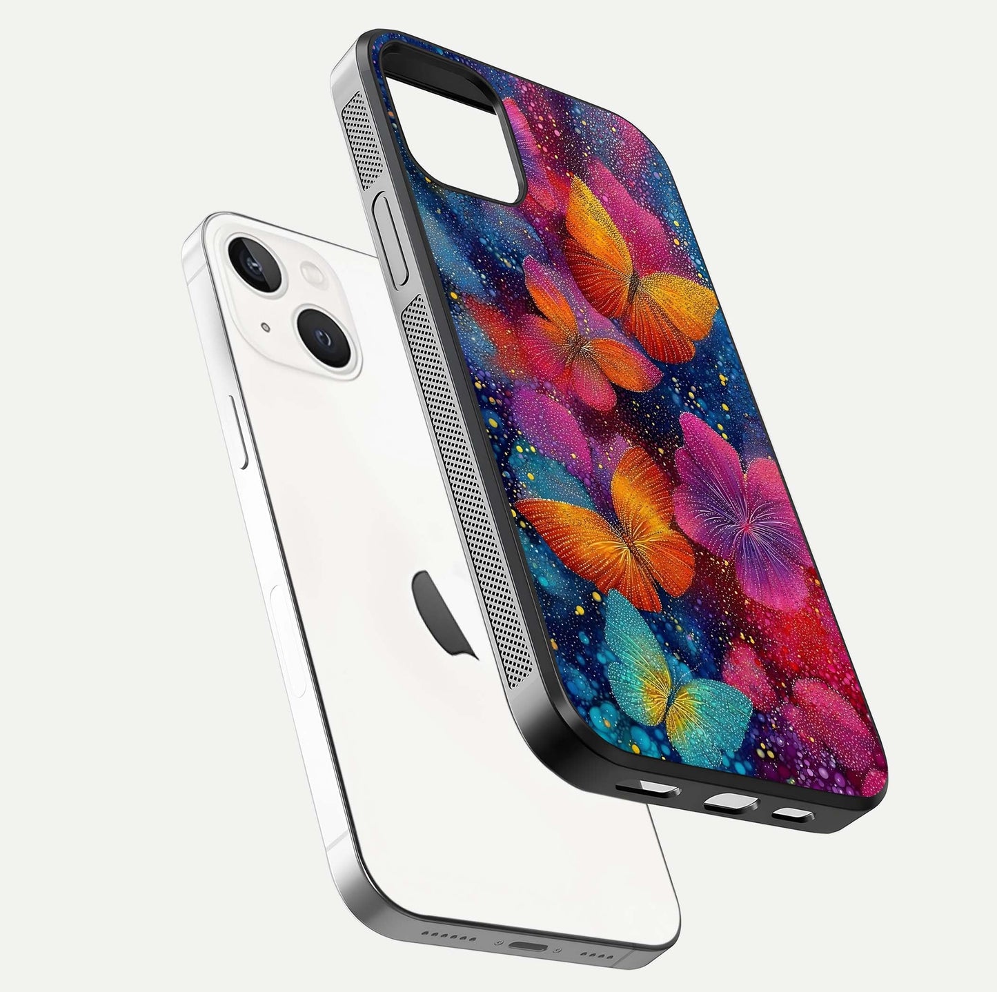 Butterfly Dream Mist Glass Case for iPhone 14 floating mockup displaying glass shine and ethereal art depth
