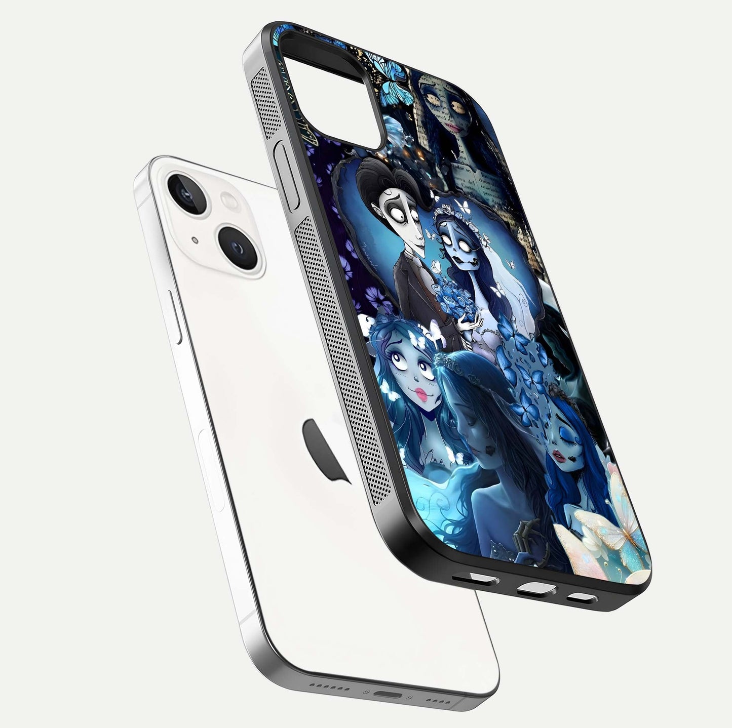 Butterfly Ghost Soul Glass Case for iPhone 14 floating mockup showcasing spirit-like butterfly detail and gloss
