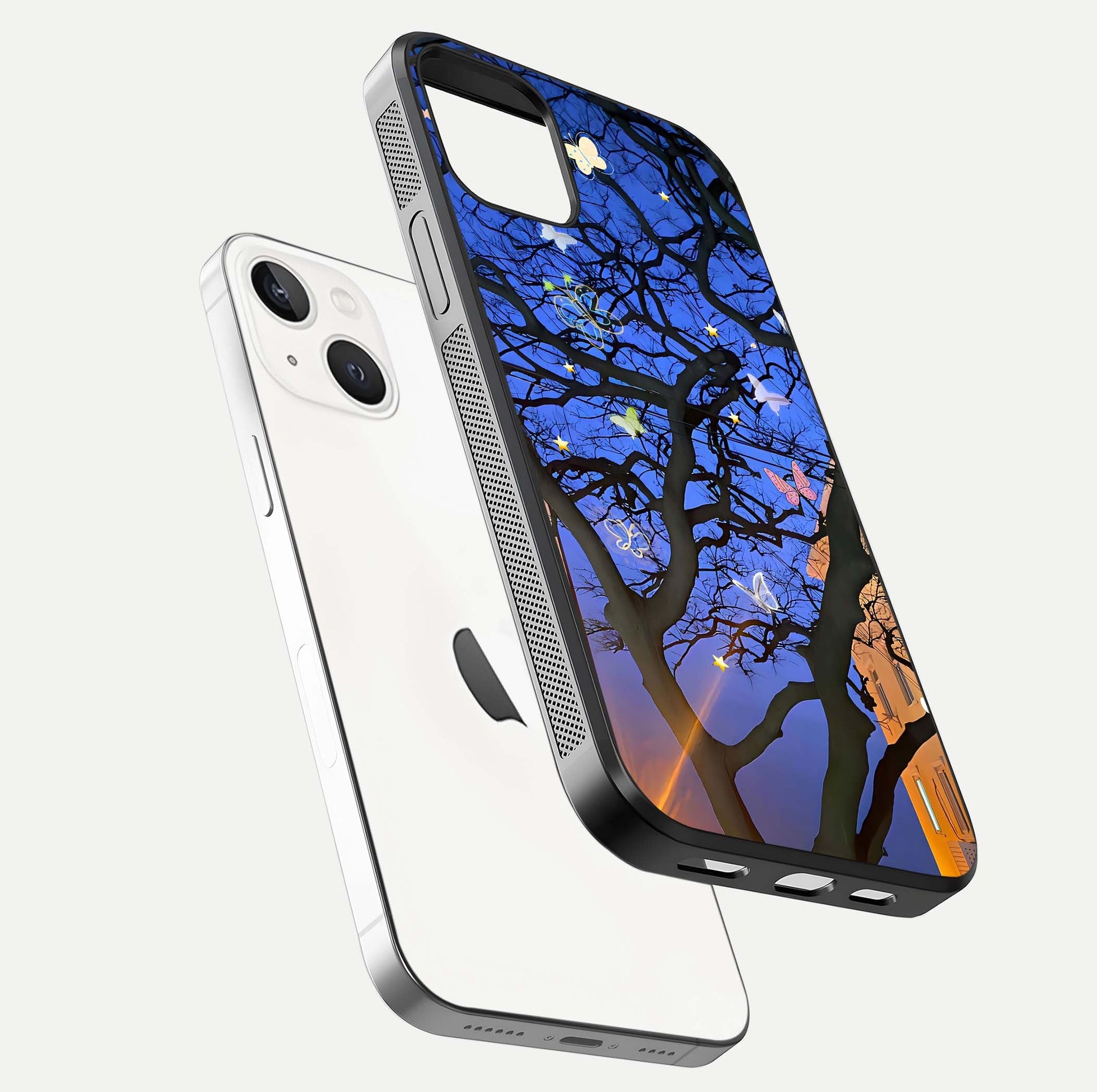 Butterfly Night Magic Glass Case for iPhone 14 floating mockup showing night glow and smooth polish