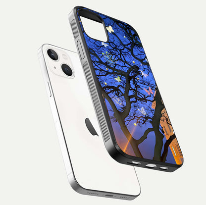 Butterfly Night Magic Glass Case for iPhone 14 floating mockup showing night glow and smooth polish