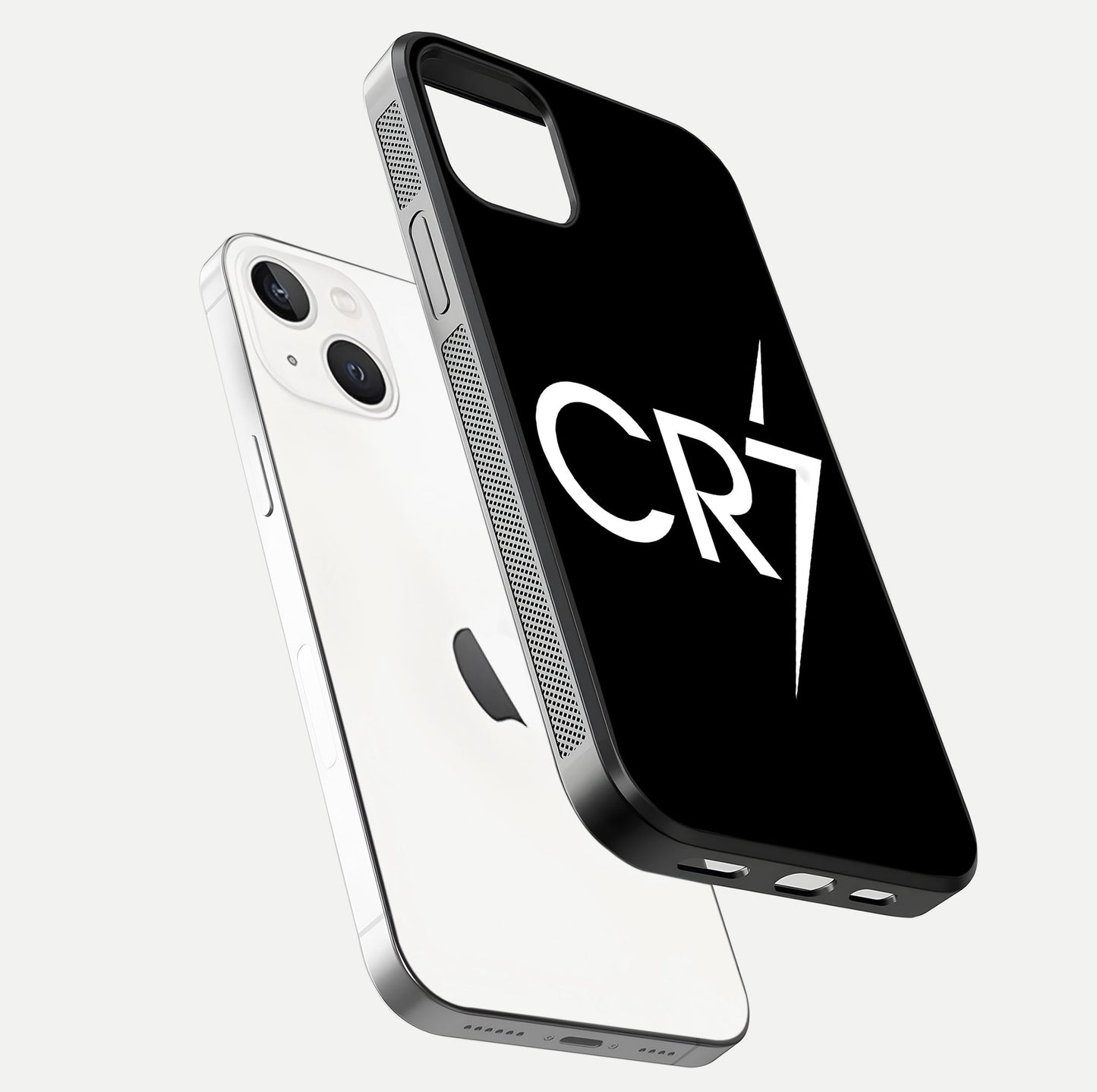 CR7 Elite Strike Glass Case for iPhone 14 floating mockup displaying HD gloss and sporty texture