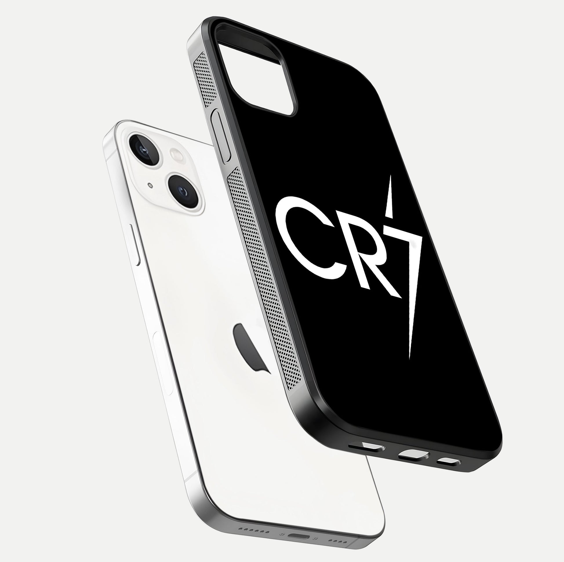 CR7 Elite Strike Glass Case for iPhone 14 floating mockup displaying HD gloss and sporty texture