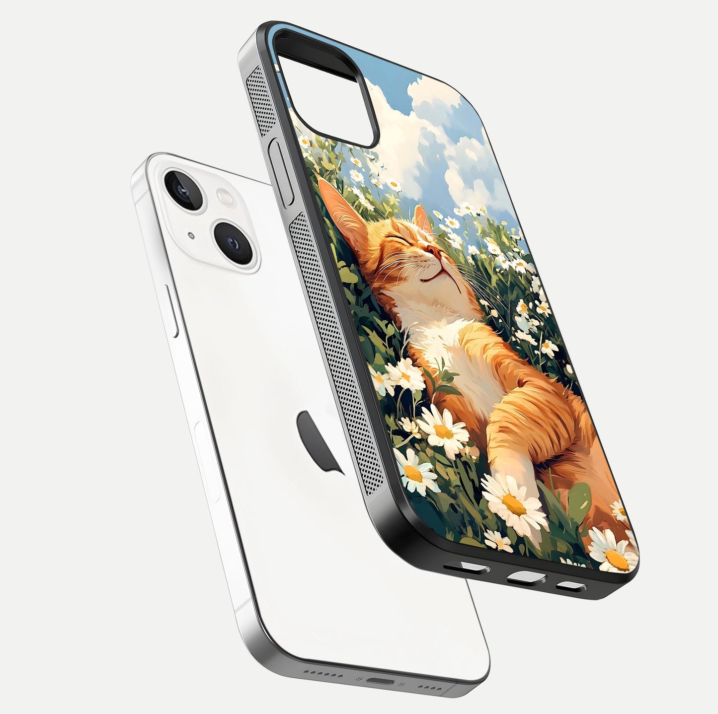 Cat & Flowers View Glass Case for iPhone 14 floating mockup showing design reflection and protective edges