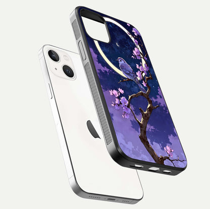 Celestial Bird Blossom Glass Case for iPhone 14 floating mockup showing cosmic floral tones and HD gloss