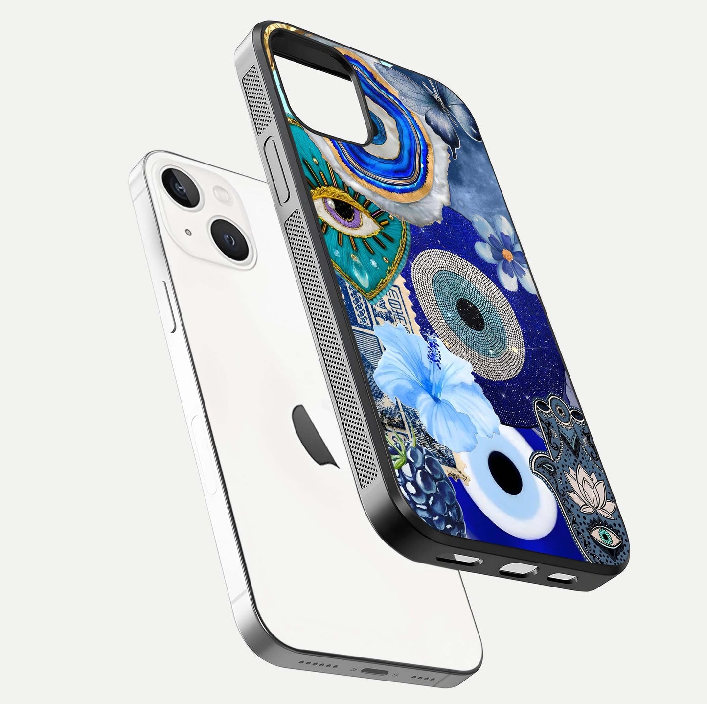 Celestial Blue Vision Glass Case for iPhone 14 floating mockup showing gloss depth and night-sky pattern