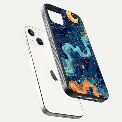 Celestial Dream Flow Glass Case for iPhone 14 floating mockup displaying gloss shimmer and artistic composition
