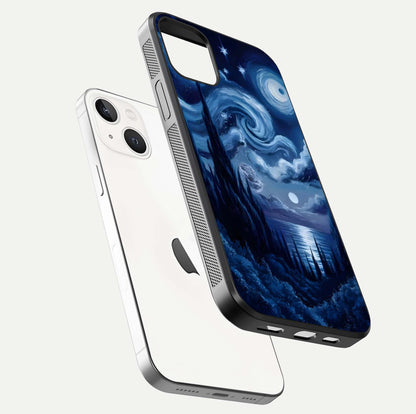 Celestial Dream Van Gogh Glass Case for iPhone 14 floating mockup highlighting cosmic tones and smooth gloss
