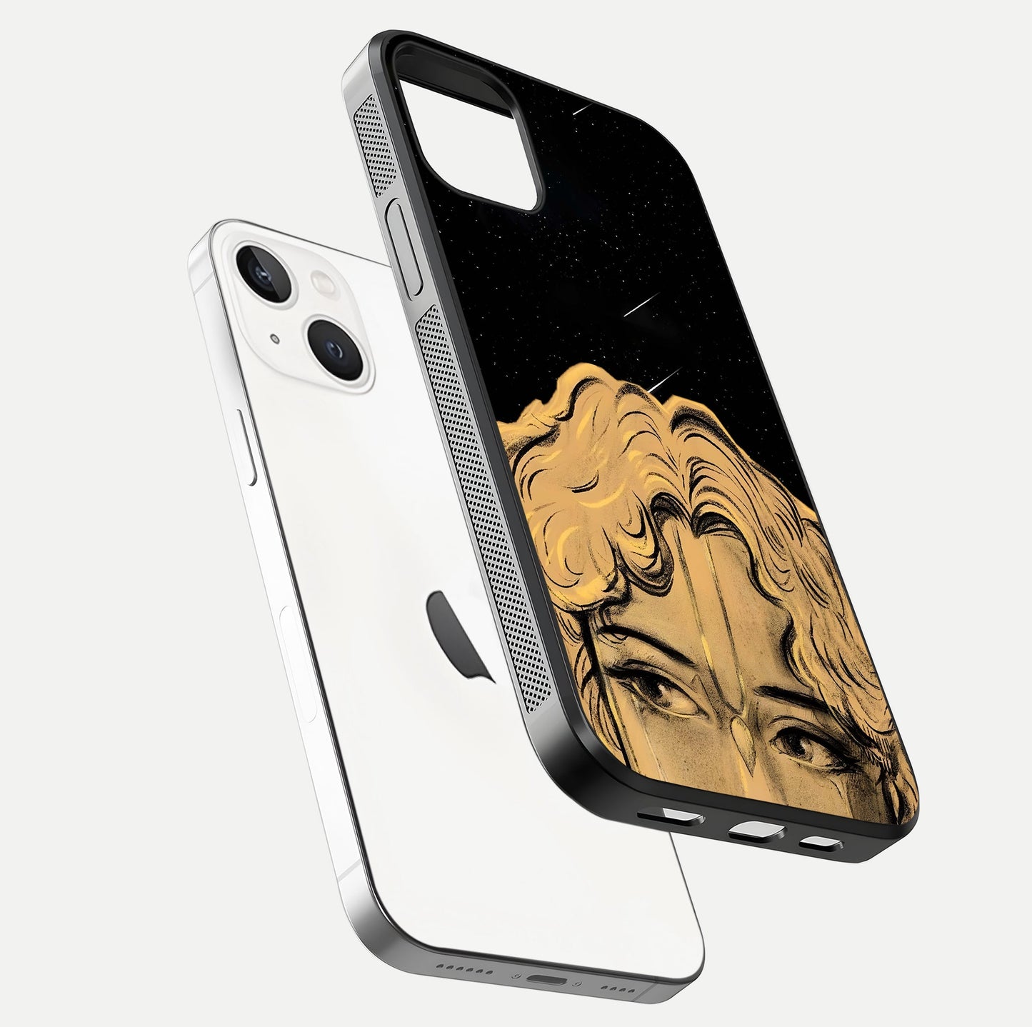 Celestial God’s Plan Glass Case for iPhone 14 floating dual-view mockup displaying gloss surface and vivid print