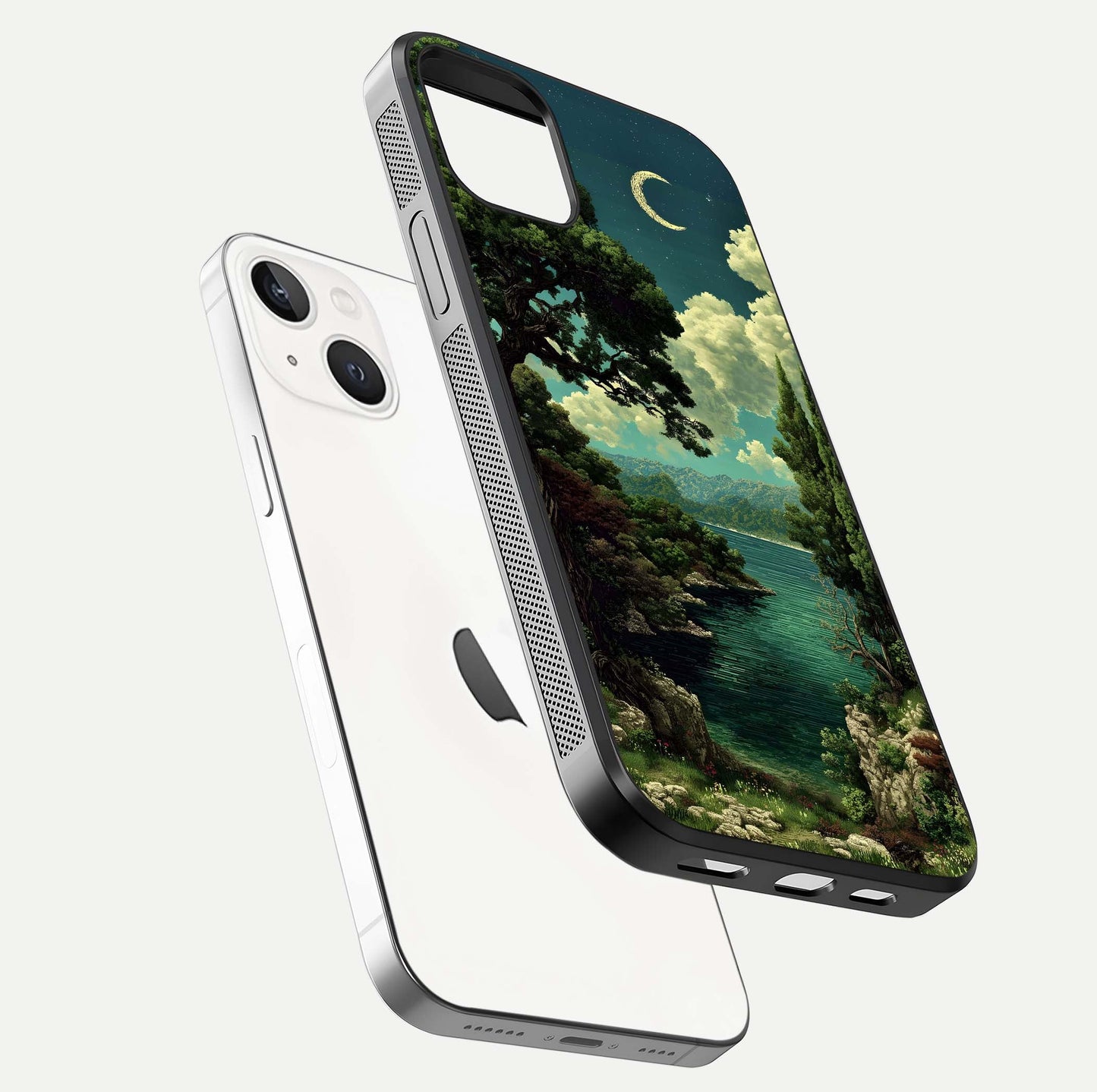Celestial Lake Peace Glass Case for iPhone 14 floating mockup capturing calm tones and smooth polish