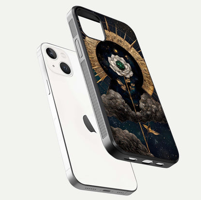 Celestial Lotus Morang Glass Case for iPhone 14 floating mockup showing gloss depth and cosmic lotus glow