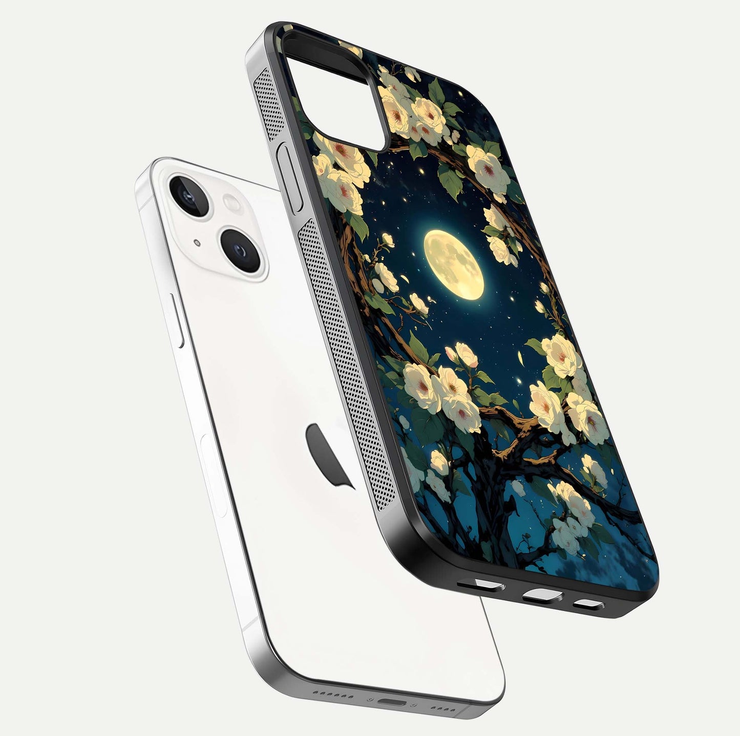 Celestial Moon & Flower Glass Case for iPhone 14 floating mockup emphasizing HD shine and delicate texture