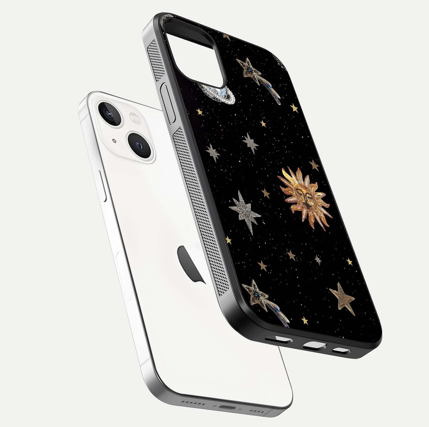 Celestial Moon With Stars Glass Case for iPhone 14 floating mockup emphasizing star depth and gloss clarity
