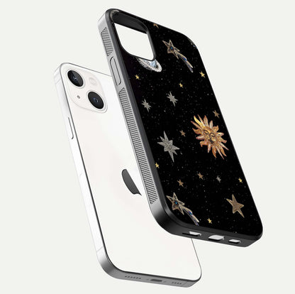 Celestial Moon With Stars Glass Case for iPhone 14 floating mockup emphasizing star depth and gloss clarity
