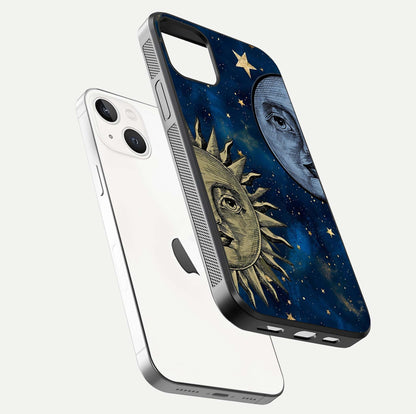 Celestial Moon With Sun Glass Case for iPhone 14 floating mockup displaying vibrant contrast and HD gloss
