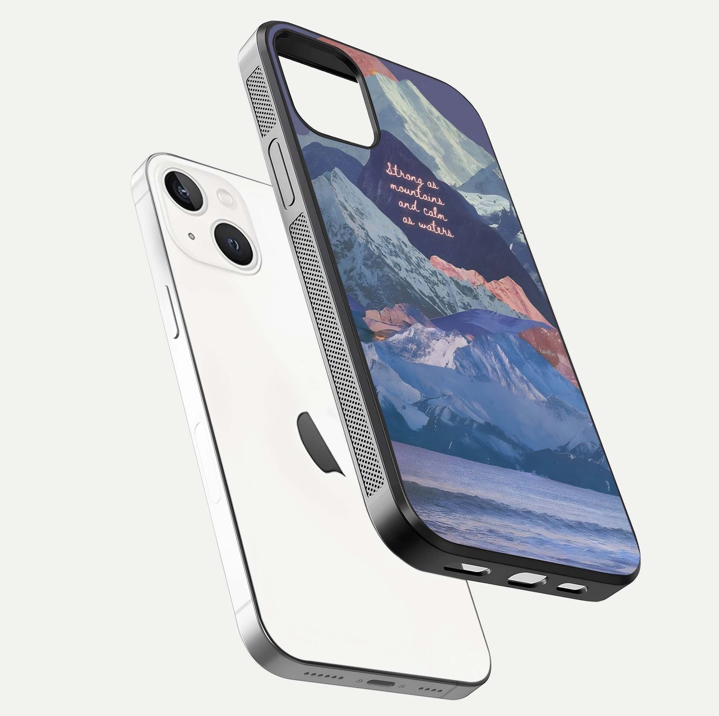 Celestial Mountain Calm Glass Case for iPhone 14 floating mockup showing glow depth and polished edges