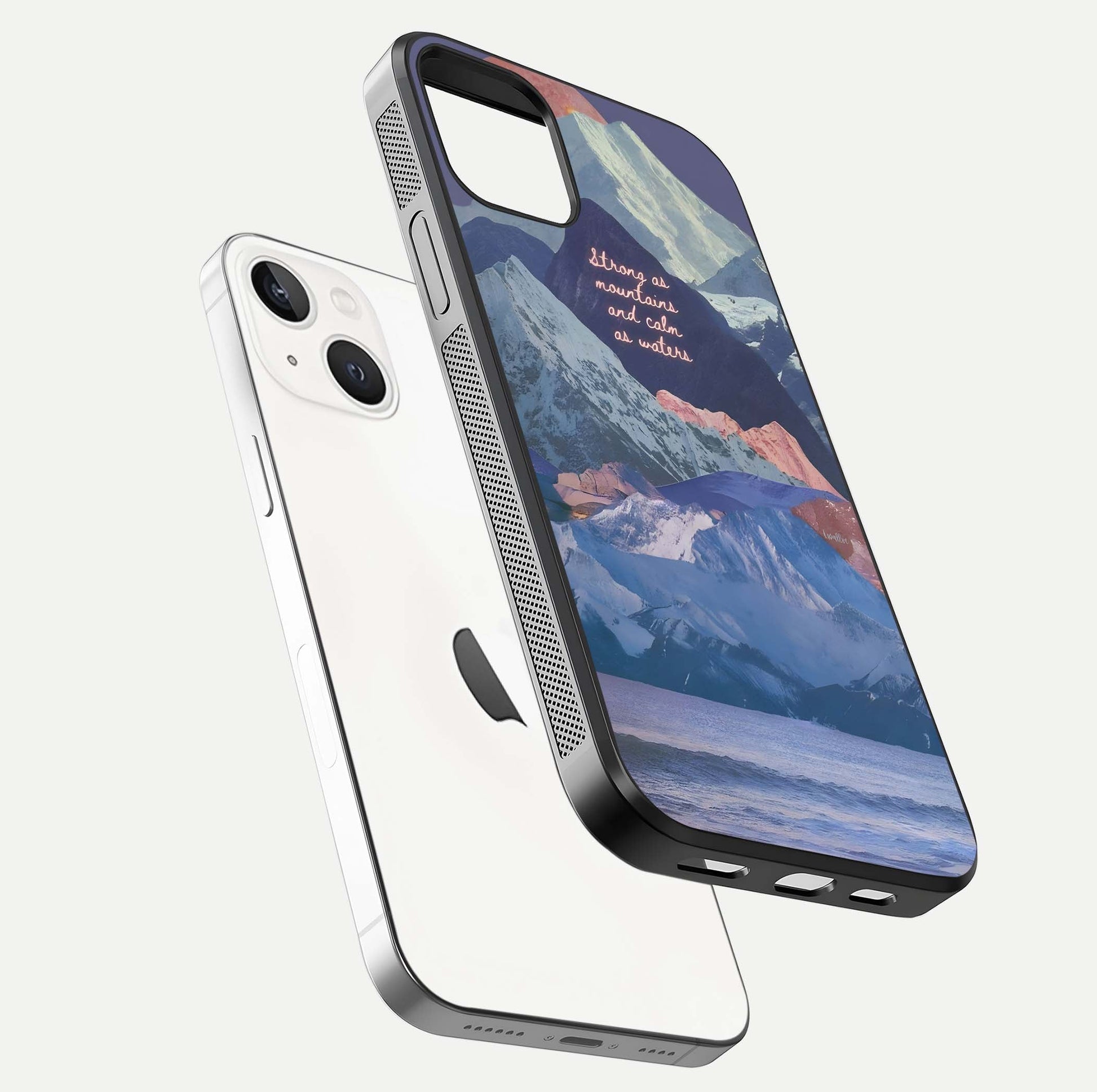 Celestial Mountain Calm Glass Case for iPhone 14 floating mockup showing glow depth and polished edges