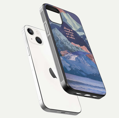 Celestial Mountain Calm Glass Case for iPhone 14 floating mockup showing glow depth and polished edges