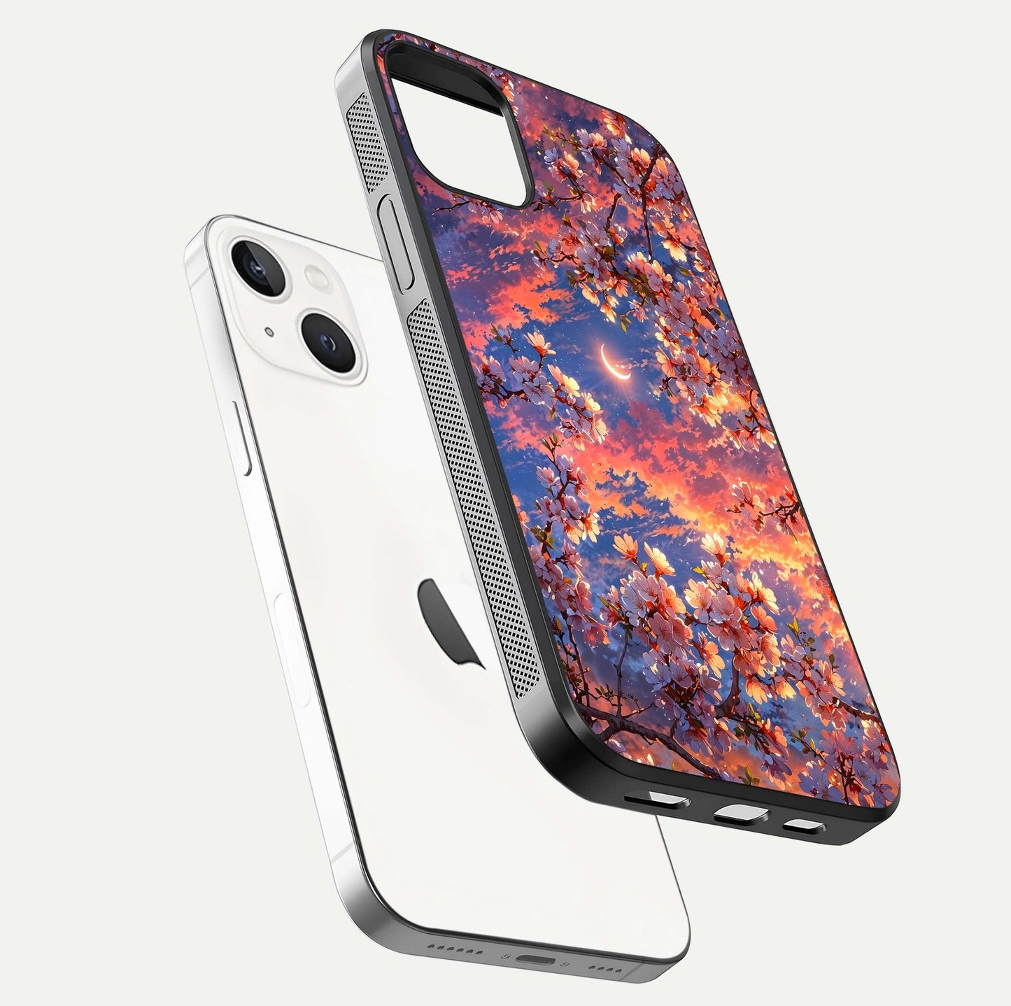 Celestial Sakura Sunset Glass Case for iPhone 14 floating mockup capturing sunset hue and smooth gloss