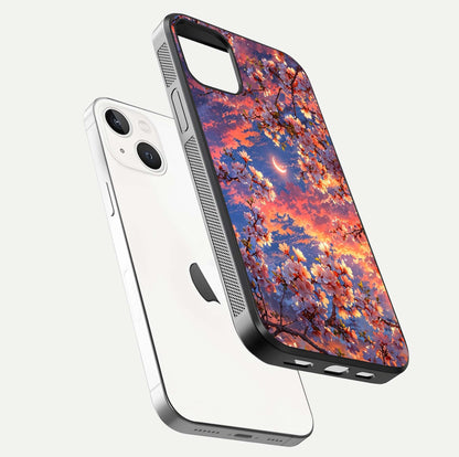 Celestial Sakura Sunset Glass Case for iPhone 14 floating mockup capturing sunset hue and smooth gloss