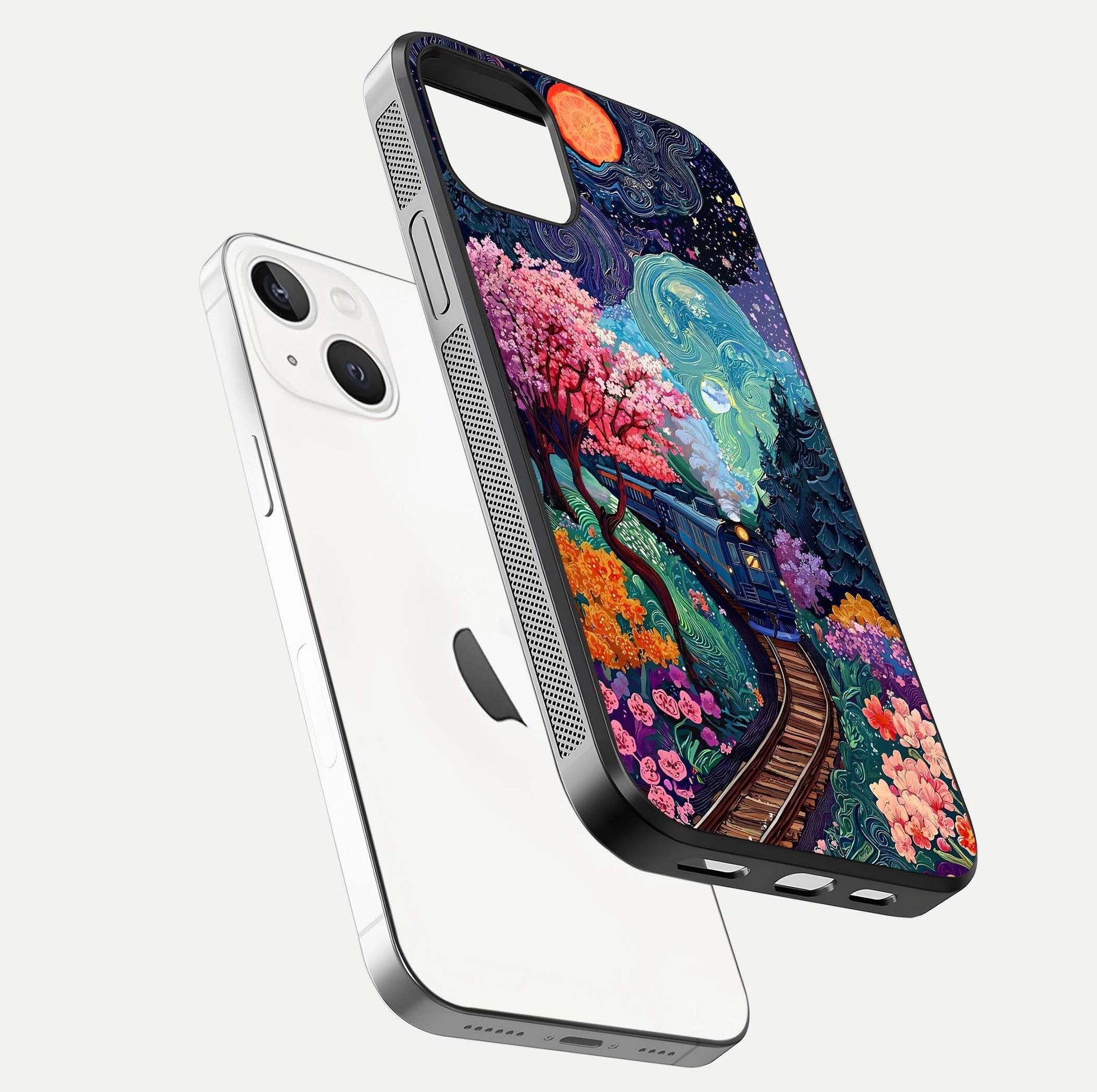 Celestial Train Journey Glass Case for iPhone 14 floating mockup capturing gloss reflection and deep night hues