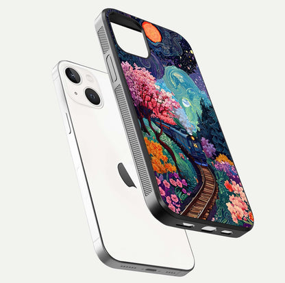 Celestial Train Journey Glass Case for iPhone 14 floating mockup capturing gloss reflection and deep night hues