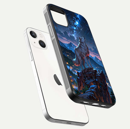 Celestial Wolf Howl Glass Case for iPhone 14 floating mockup capturing reflection depth and silver gloss