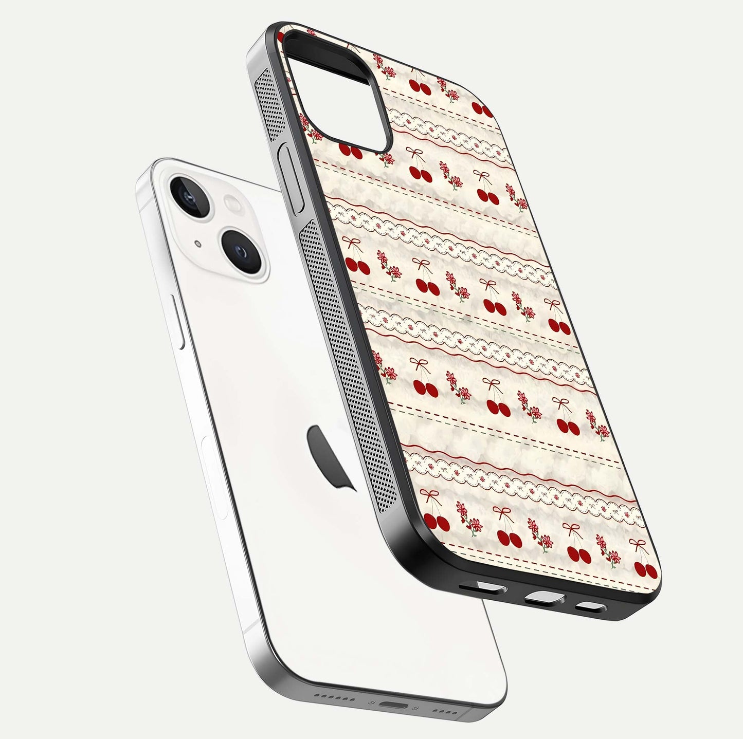 Cherry Bloom Charm Glass Case for iPhone 14 floating mockup showing bloom texture and polished gloss