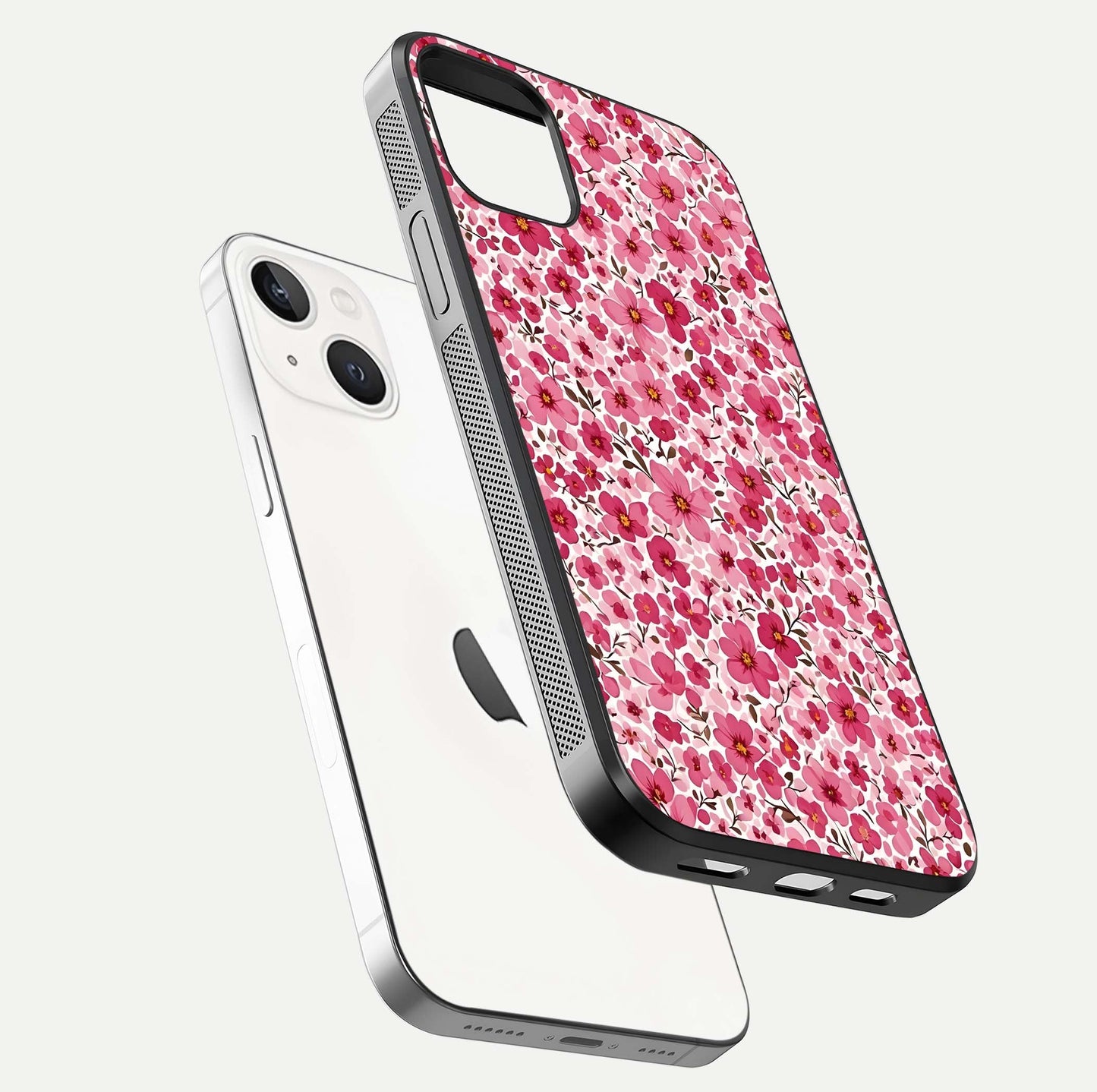 Cherry Blossom Charm Glass Case for iPhone 14 floating mockup displaying pink tone flow and polished edges