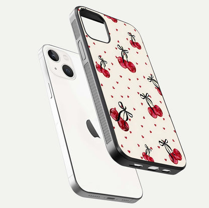 Cherry Heart Bow Glass Case for iPhone 14 floating mockup showing reflection and HD print detail