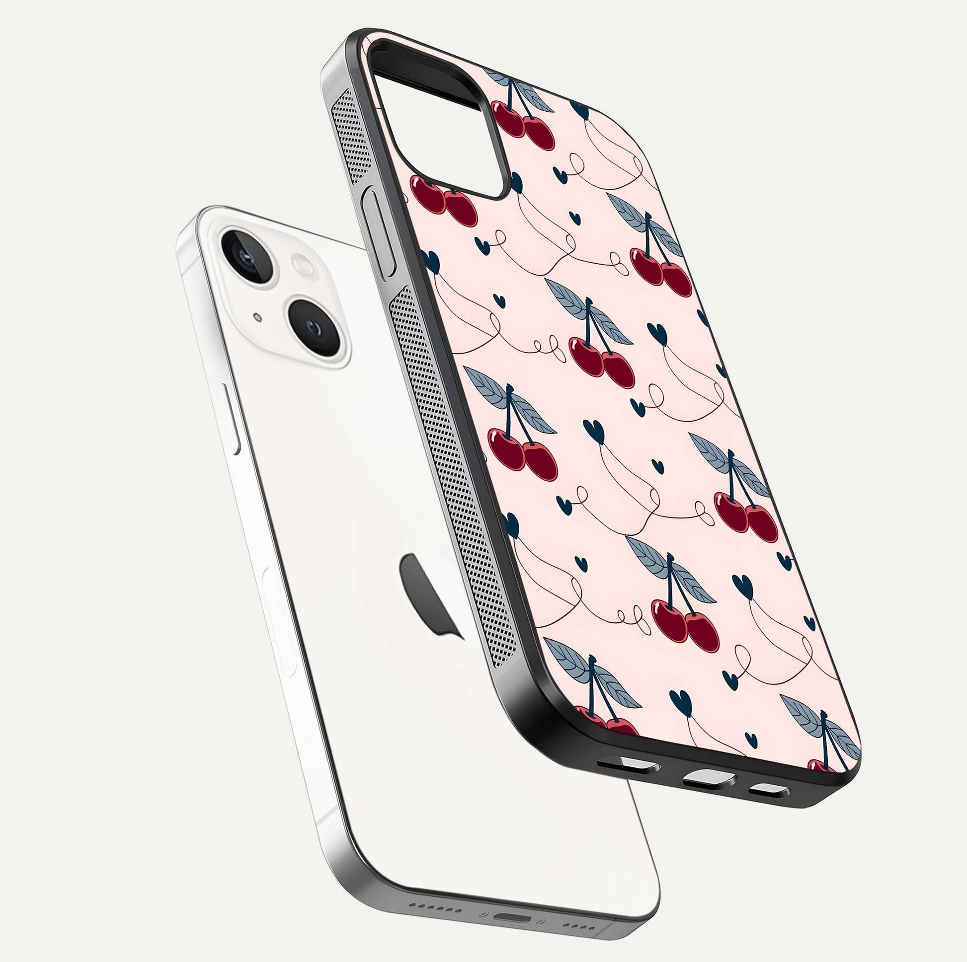 Cherry Heart Line Glass Case for iPhone 14 floating mockup showing gloss polish and bright tones