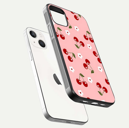 Cherry Love Mood Glass Case for iPhone 14 floating mockup showing HD gloss reflection and red tones