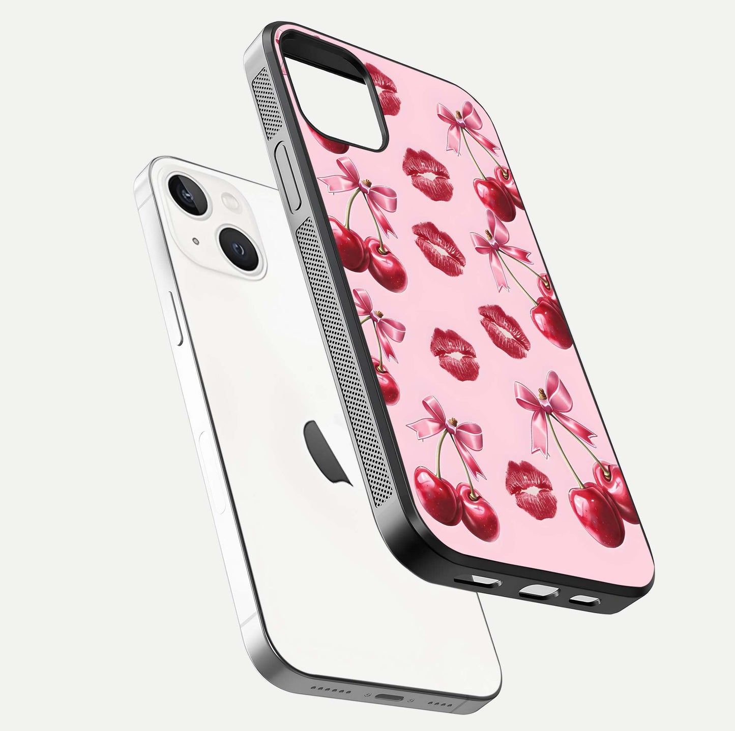 Cherry With Lips Glass Case for iPhone 14 floating mockup showing HD gloss and pop-art inspired tones