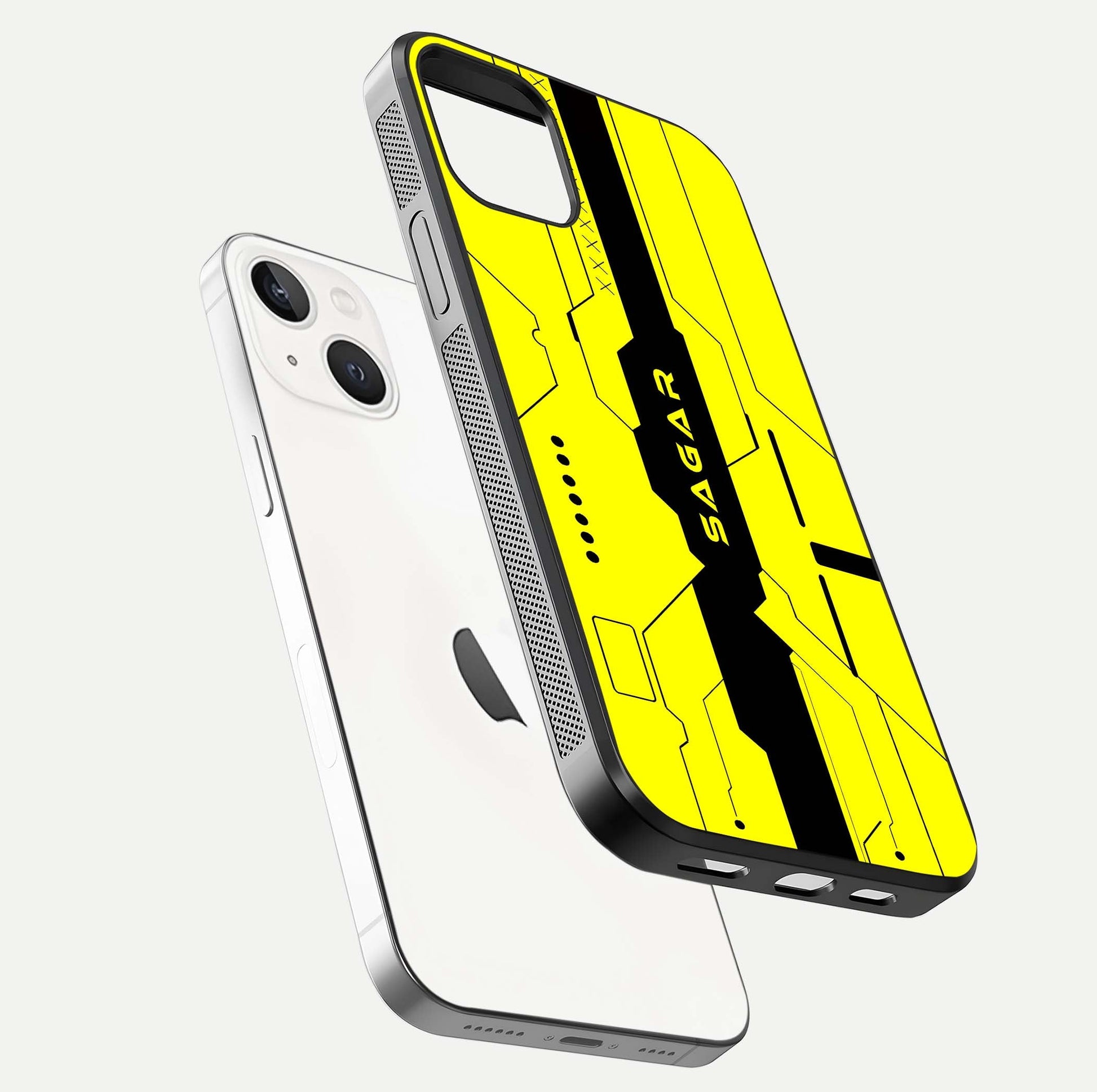 Circuit CYBERPUNK Custom Name Glass Case for iPhone 14 floating mockup capturing glow effects and polished shine