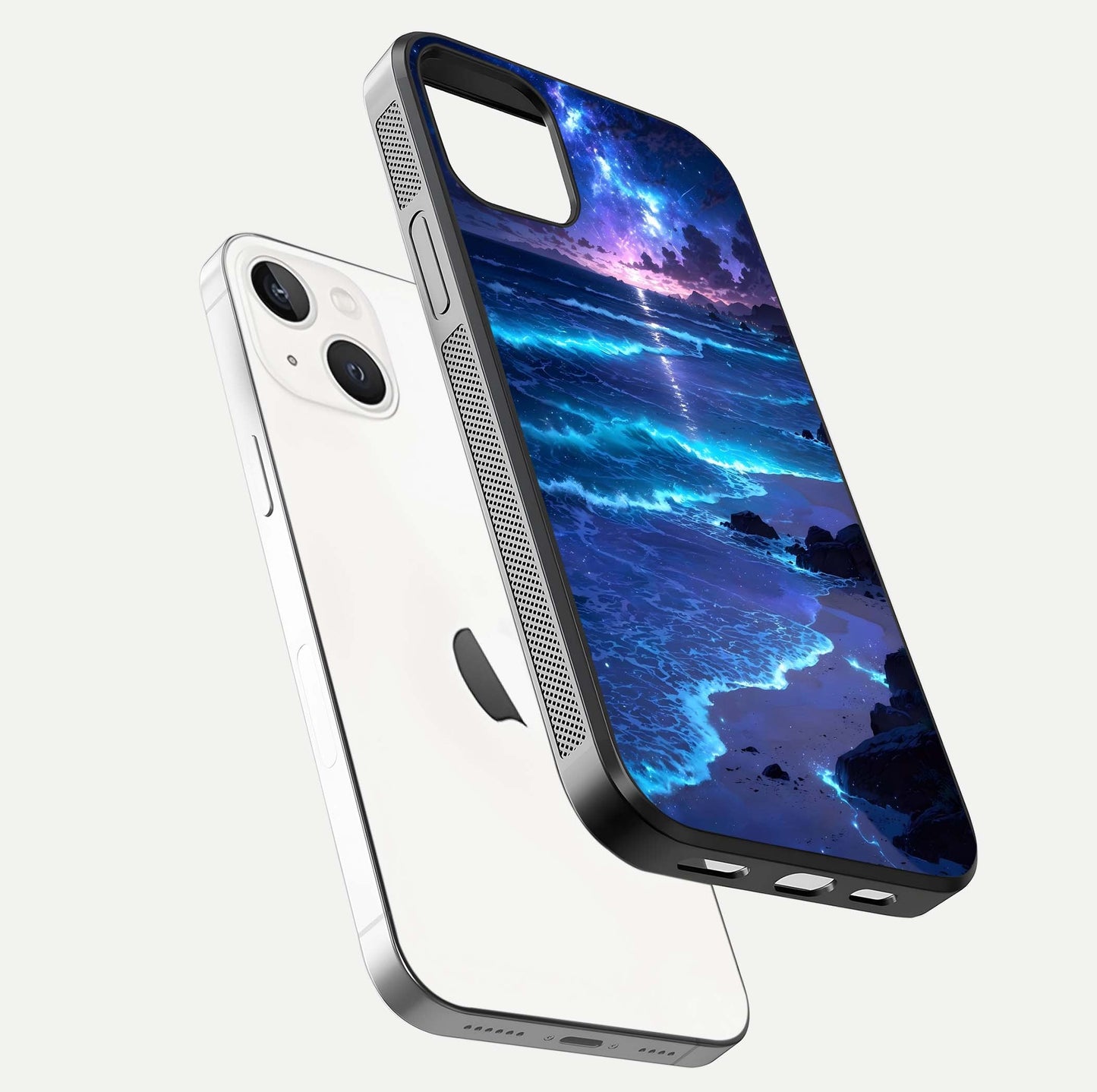 Classic Damn Look Glass Case for iPhone 14 floating mockup emphasizing HD gloss and stylish edges