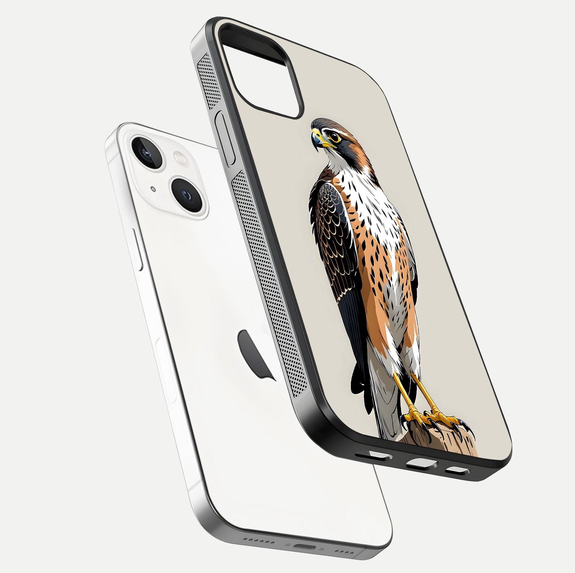 Clever Eagle Glass Case for iPhone 14 floating mockup displaying sharp gloss and art contrast