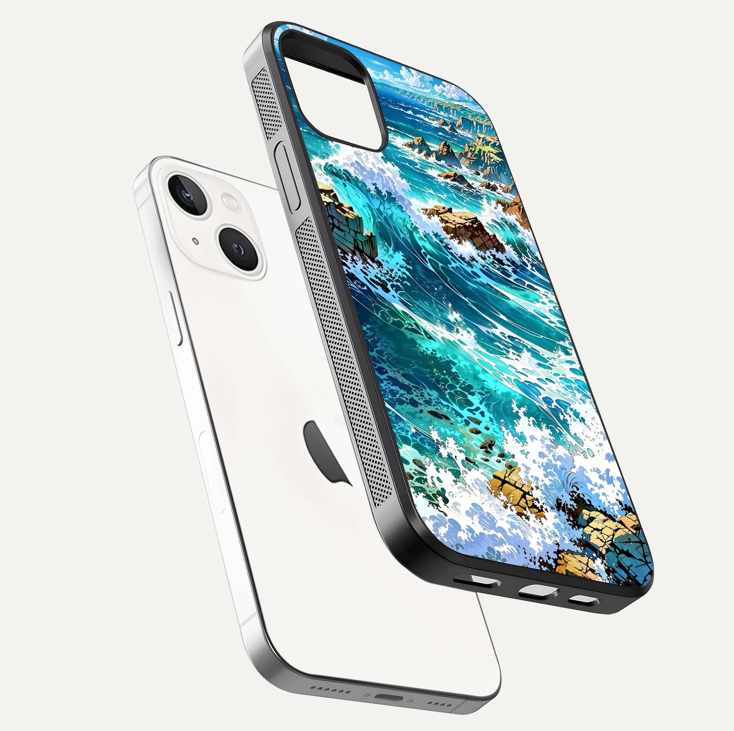 Coastal Blue Waves Glass Case for iPhone 14 floating mockup showing HD reflection and wave details