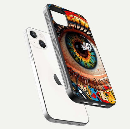 Colorful Eye Glass Case for iPhone 14 floating mockup showing bright contrast and gloss clarity