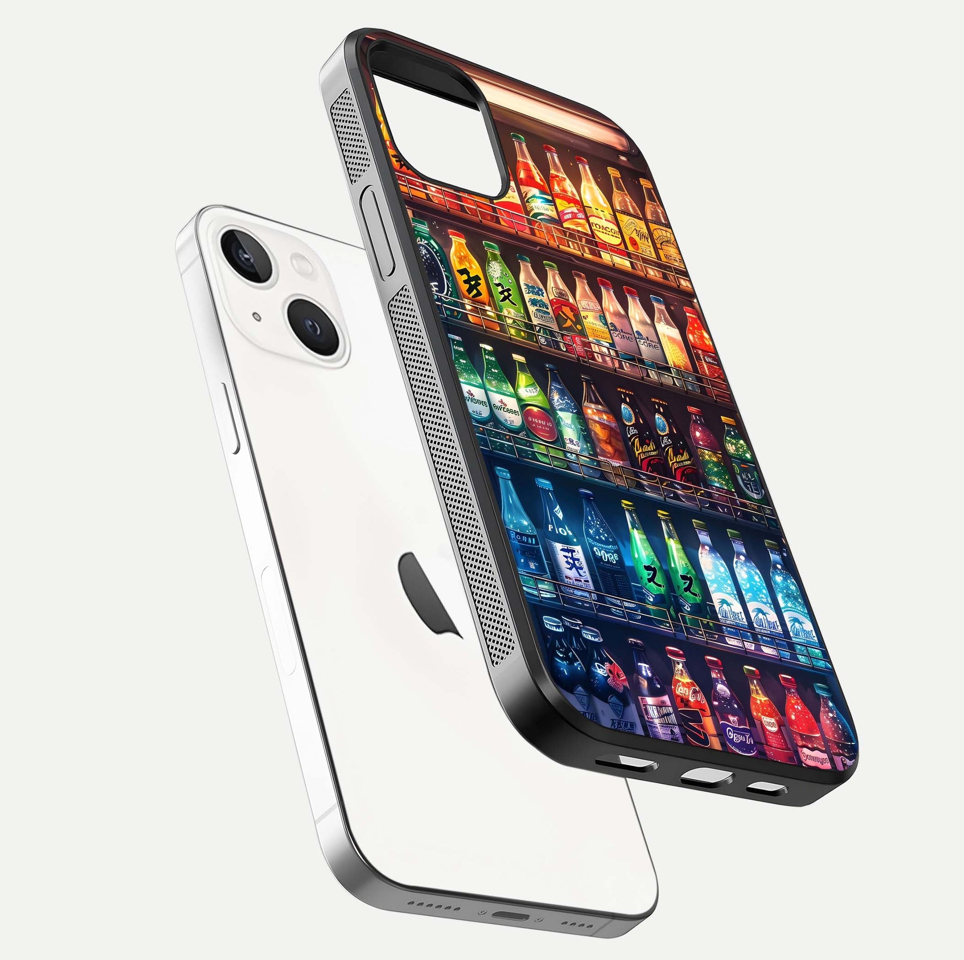 Colorful Soda Bottles Glass Case for iPhone 14 floating mockup showing light reflection and bright gloss