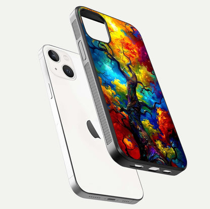 Colorful Tree Glass Case for iPhone 14 floating mockup showing reflection gloss and vivid hues
