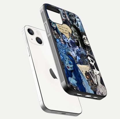 Corpse Bride Posters Glass Case for iPhone 14 floating mockup showing shine texture and clear design