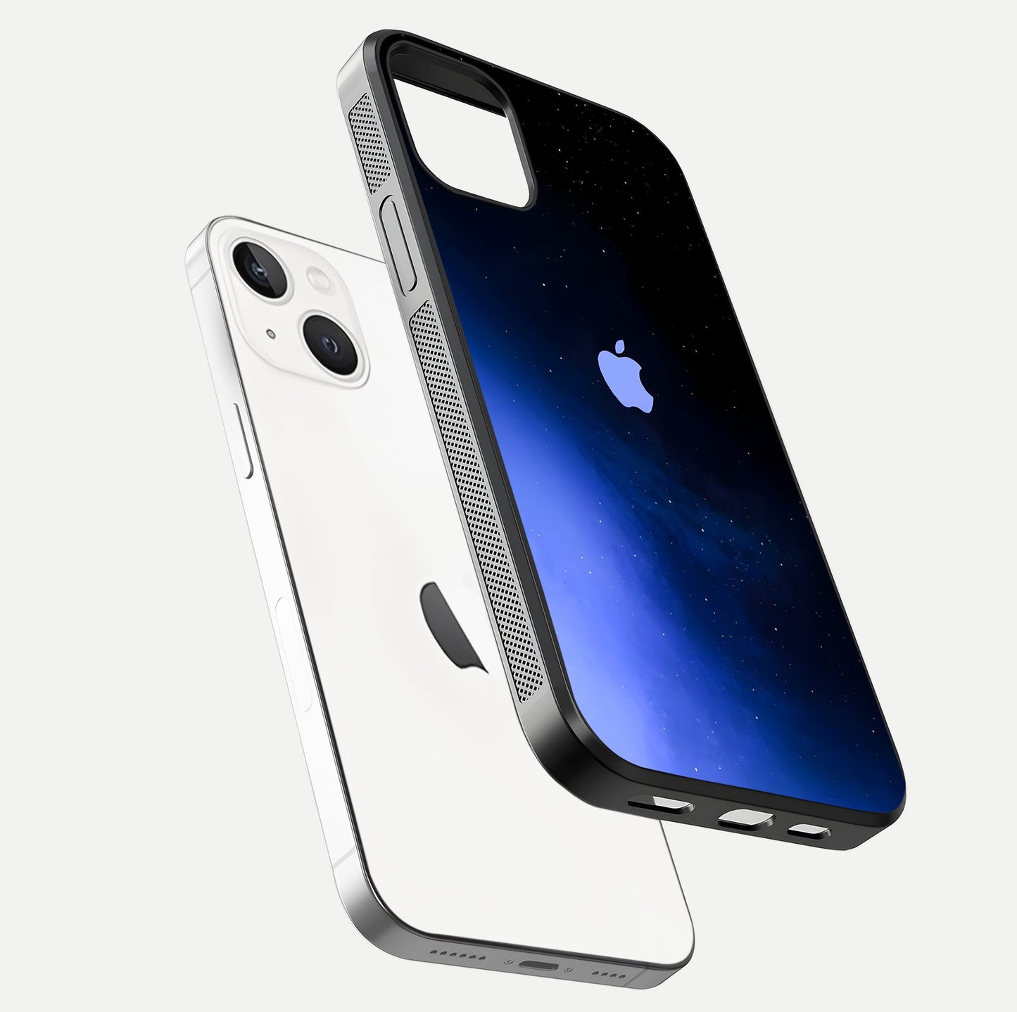 Cosmic Blue Apple Glass Case for iPhone 14 floating mockup showing HD gloss and deep space gradient