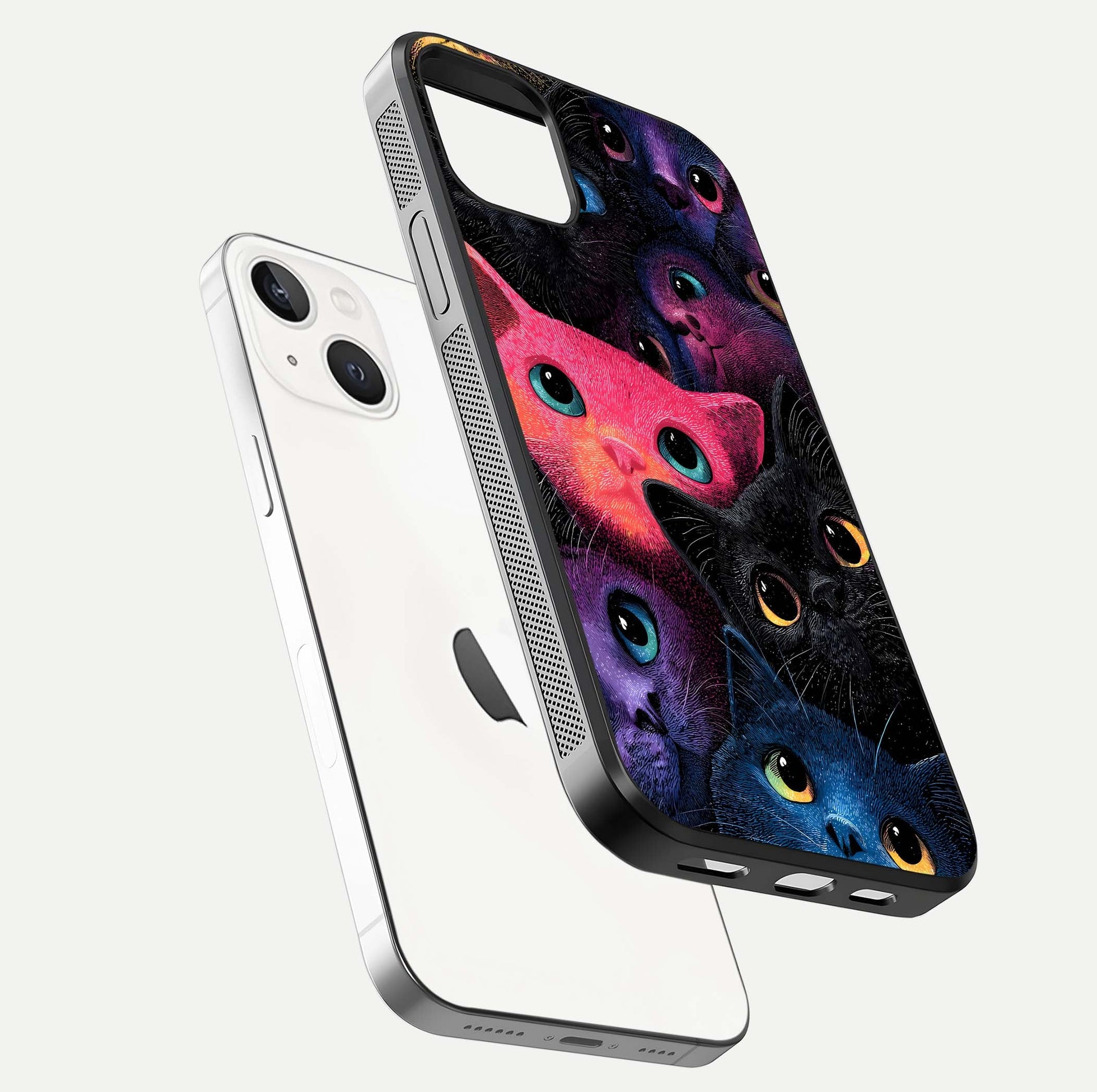 Cosmic Cats Dreams Glass Case for iPhone 14 floating mockup showing star details and polish reflection