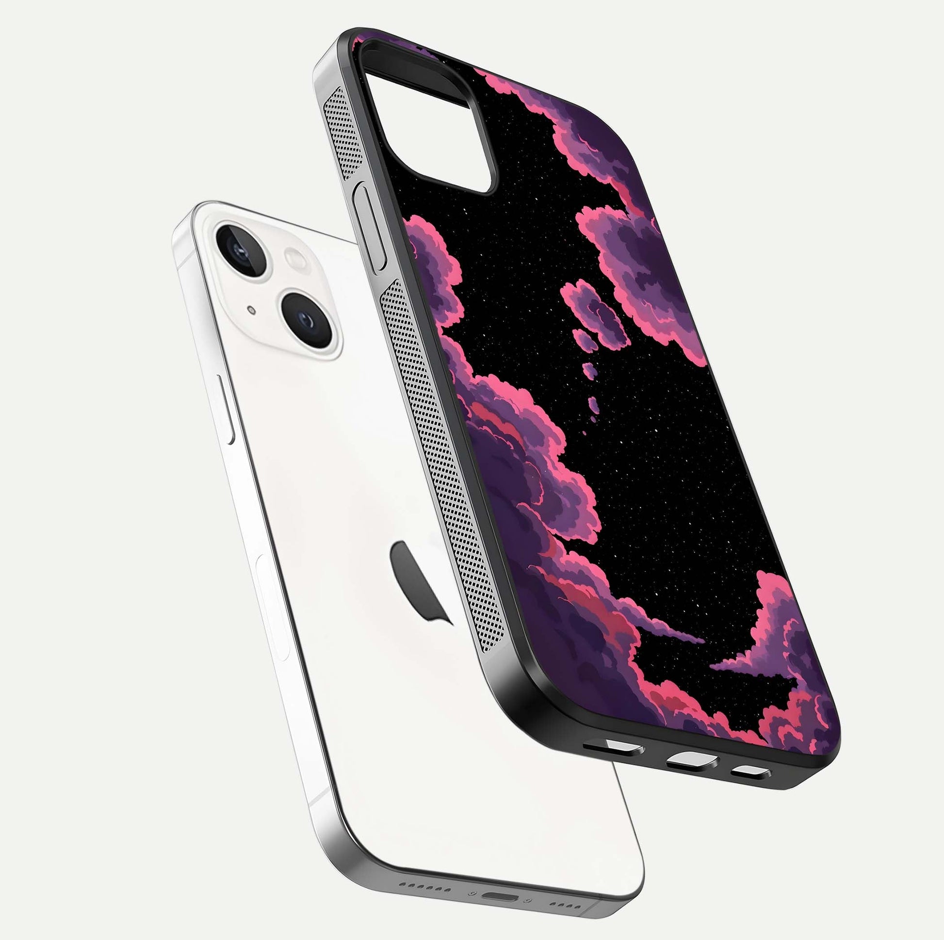 Cosmic Cloud Journey Glass Case for iPhone 14 floating mockup showing HD gloss and cosmic gradient