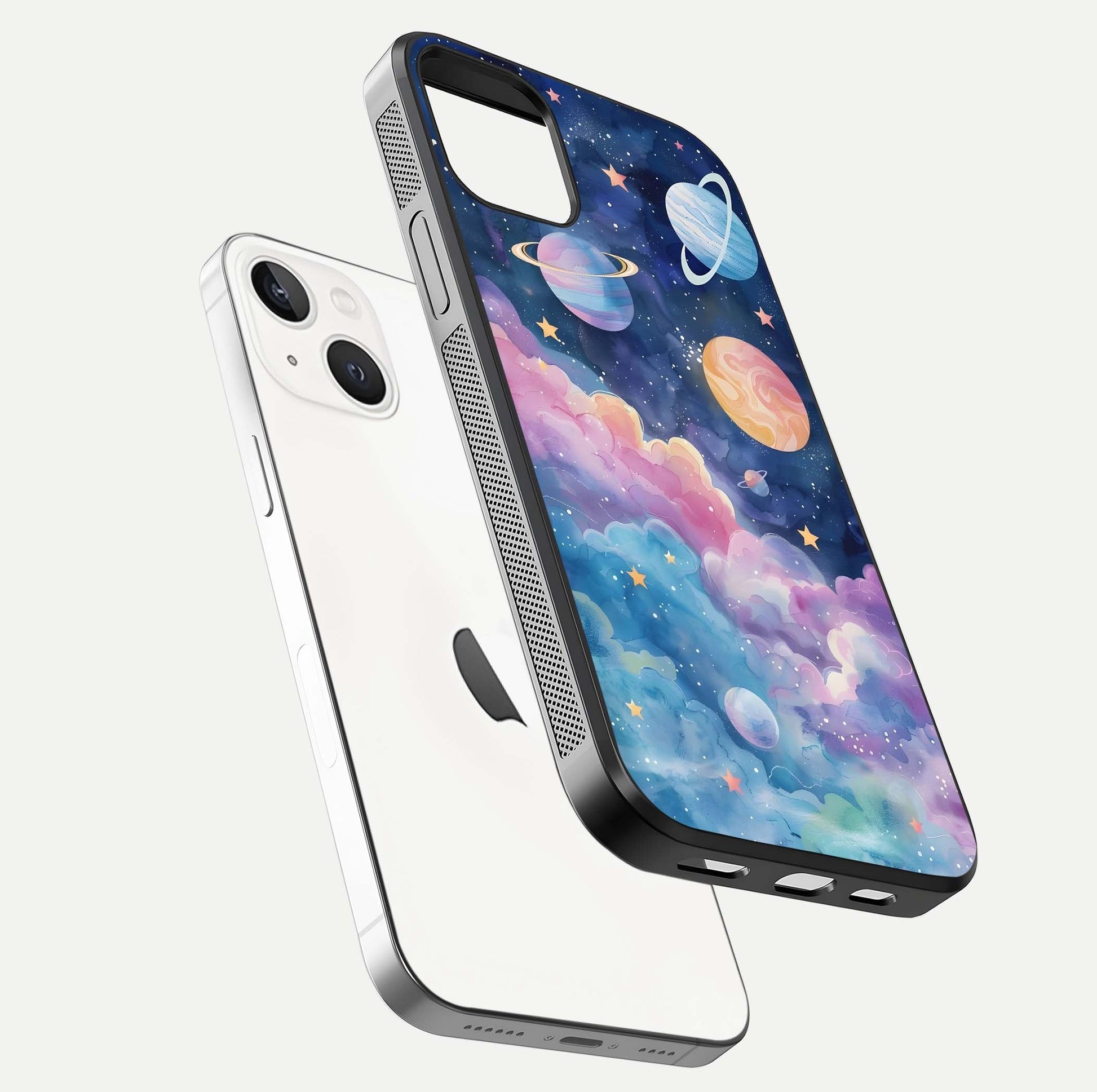 Cosmic Planet Dreams Glass Case for iPhone 14 floating mockup showing HD gloss and cosmic reflection
